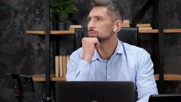 Thoughtful Man Trader Broker Thinks About Risks Buying Shares on Stock Exchange alt