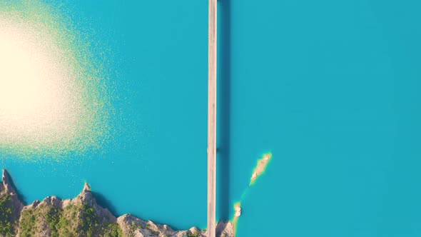 Aerial Top View on Lake with Bridge of Canyon of Piva River Pluzine Town Montenegro Europe alt