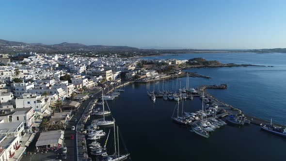 Port of Chora on the island of Naxos in the Cyclades in Greece aerial view alt
