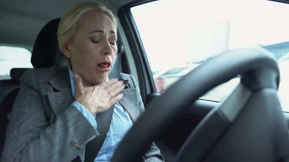 Aged Female Driver Suffering Terrible Cough Bronchitis Consequences, Health-Care