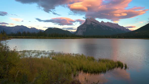 Pan Right of Vermilion Lake at Sunset in Banff National Park Alberta Canada alt