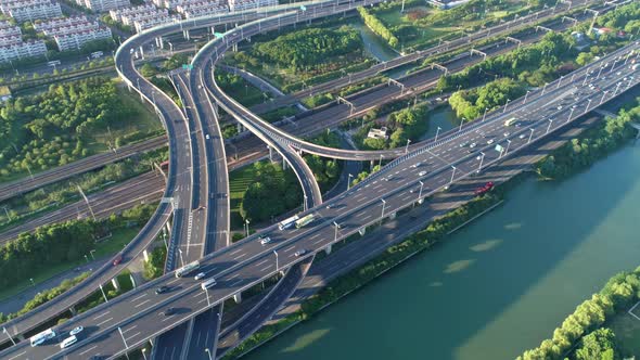 Aerial Drone View Highway Multilevel Junction Road Moving Car Sunset alt