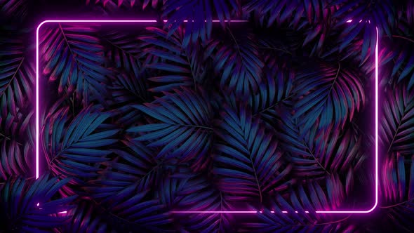 Glowing Neon Frame with Green Plant Leafs 4K