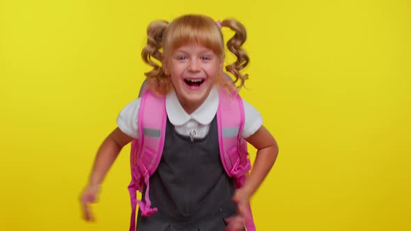 Teenage School Girl Kid Celebrate Success Win Scream Rejoices Doing Winner Gesture Jumping Dancing alt