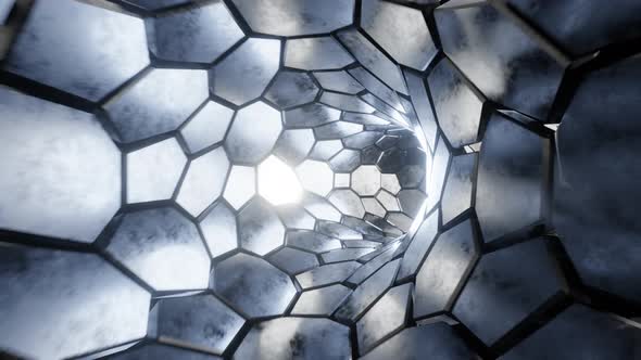 Tunnel movement with changing metal hexagons. Infinitely looping animation