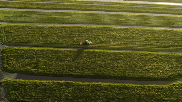 Aerial view of tractor mowing lush green meadow between water canals alt