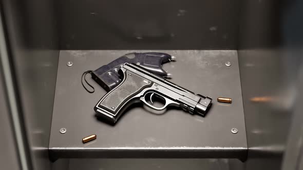 Handgun and stun gun on the shelf in a metal grey locker at school hallway. alt
