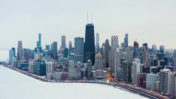 Chicago Skyline Aerial with Snow