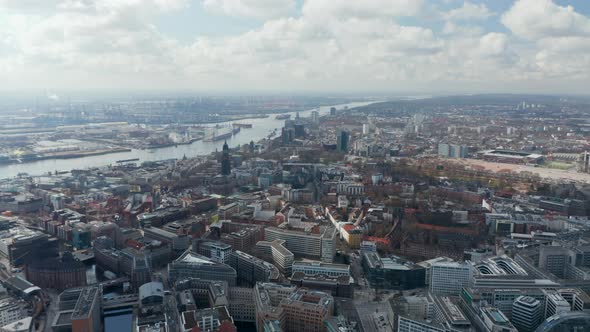 Wide Aerial View of Hamburg Cityscape with Residential Apartment Buildings and Old Churches and alt