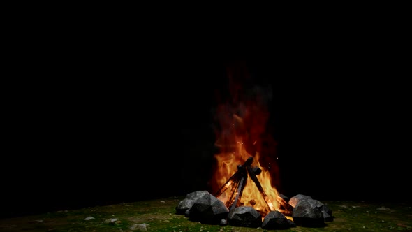 Flame Of A Campfire With Smoke On A Black Background