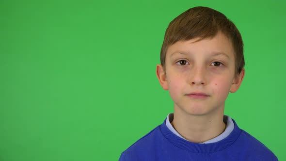 A Young Cute Boy Smiles at the Camera - Closeup - Green Screen Studio alt