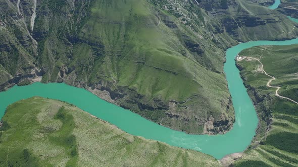 Scenic Bird Eye View of Turquouse River in Sulak Canyon