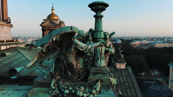 Apostles on the Roof of St. Isaac's Cathedral in St. Petersburg Close-up Aerial View alt