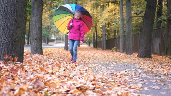 Little Girl Walking with Rainbow Umbrella Autumn Fallen Golden Orange Maple Leaves in Park alt