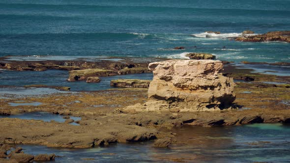 Iconic stack sand stone rock formations along the back beach of Sorrento, Australia. PAN RIGHT alt