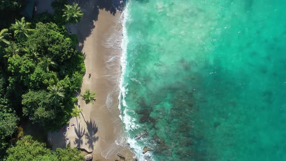 Drone view of waves crashing into beach and forest in Seychelles