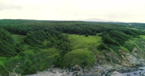Aerial view of green mountain by the sea and amazing beach alt