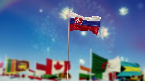 Slovakia Flag With World Globe Flags And Fireworks  alt