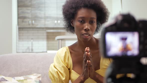 African American Black Woman Blogger Records Video on Channel Online Broadcast