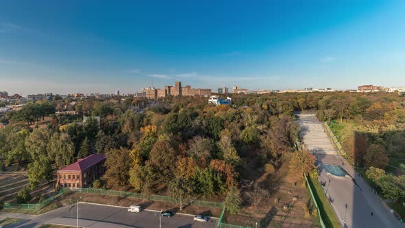 Aerial Panoramic View To a Staircase with Fountains in the Shevchenko Garden Timelapse alt