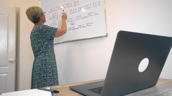 Adult Blonde Woman Maths Lecturer is Explaining Material From Whiteboard