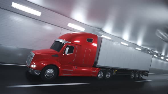 Red semi truck with trailer driving fast through the blurred tunnel. Loop. 4K alt