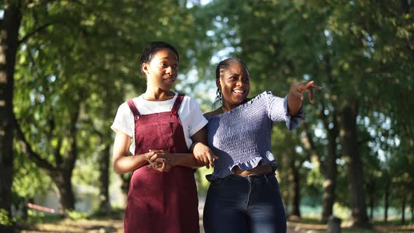 Front View Two Happy Relaxed African American Women Walking in Summer Park Talking Pointing Laughing alt