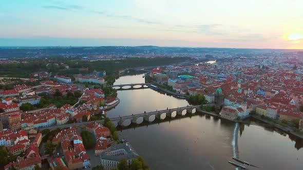 Aerial View of Prague City and River Vitava at Morning