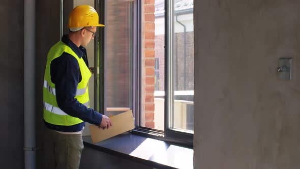Male Builder with Clipboard Checking Window