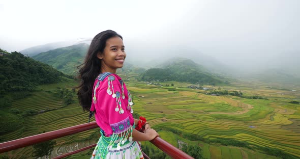 Beautiful Young Asian Girl Cultural Dress Scenic Rice Terraces Background alt