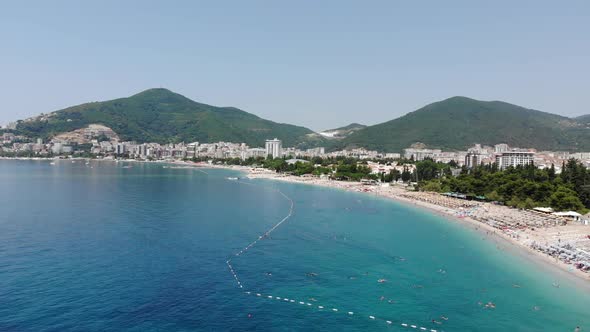 Aerial View of Long Coastline of Budva City, Montenegro. Balkans, Adriatic Sea, Europe