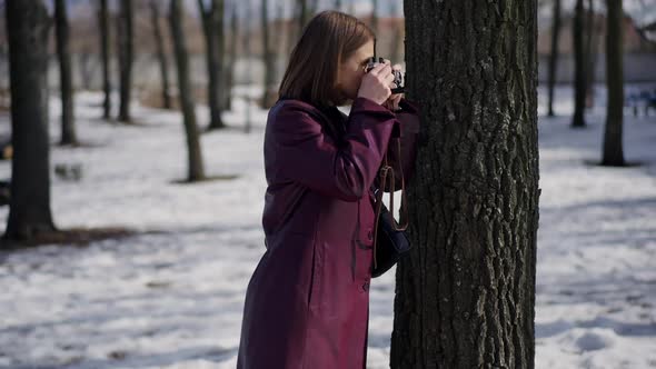 Side View Young Slim Woman Hiding at Tree in Winter Park Taking Photos with Camera alt
