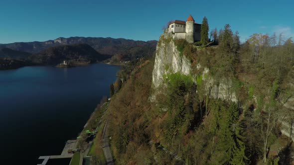 Aerial view of Bled Castle on a cliff top