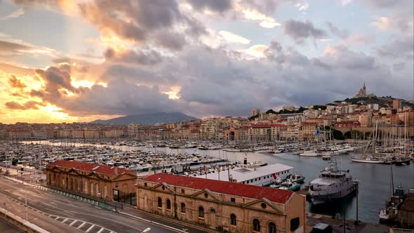 Timelapse of Cloudscape Over Old Port of Marseille and Notre Dame De La Garde Marseille France