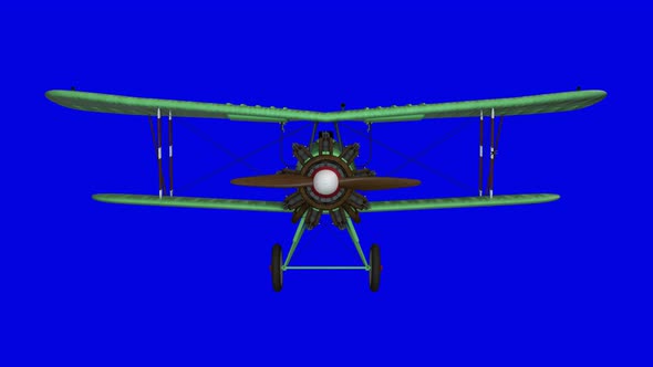 Animated propeller biplane airplane. Front view. Realistic physics animation. Blue screen footage alt