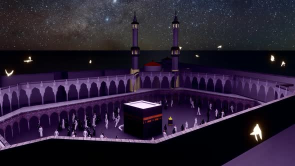 Muslims at Night Kaaba and Angel Birds Accompanying Them alt