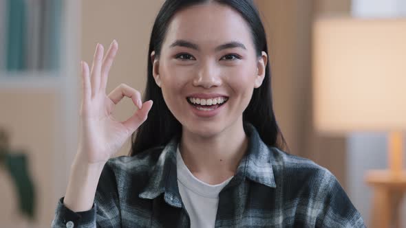 Female Portrait Happy Recommending Smiling Winner Asian Woman Girl Showing Ok Gesture Everything alt