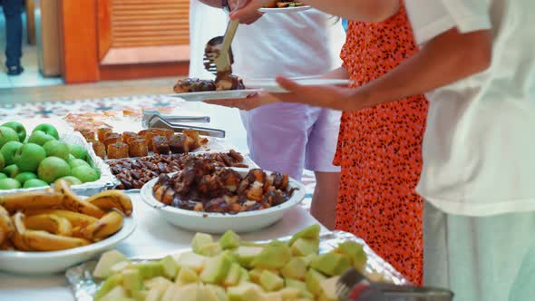 Open buffet with shiny look. Buffet restaurant, the hotel restaurant. Turkish or Arabic food