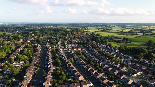 Ariel view of Kenilworth town in Warwickshire. residential area and historic Kenilworth castle in ba alt