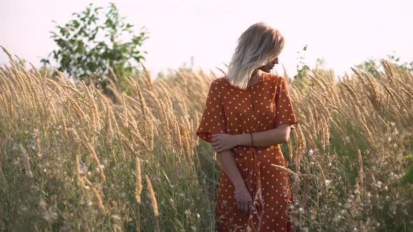 Portrait of a Young Attractive Blonde Woman in a Field with Spikelets at Sunset alt