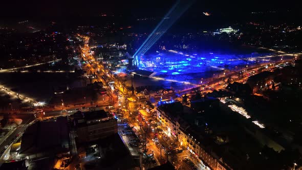 Aerial night view of the city of Zakopane in Poland alt