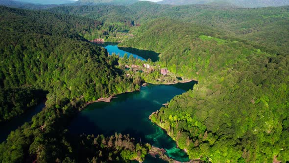 Aerial View of Plitvice Lakes National Park, Croatia. Serene Landscape on Sunny Summer Day alt