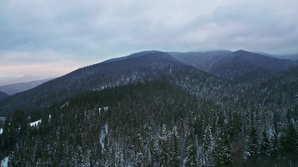 Mountain Range with Dark Forest and Gloomy Winter Clouds