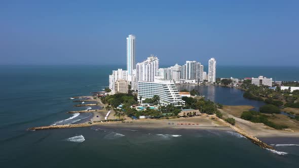 Aerial View of the Caribbean Coast in a Modern Tourist Area of Cartagena Colombia