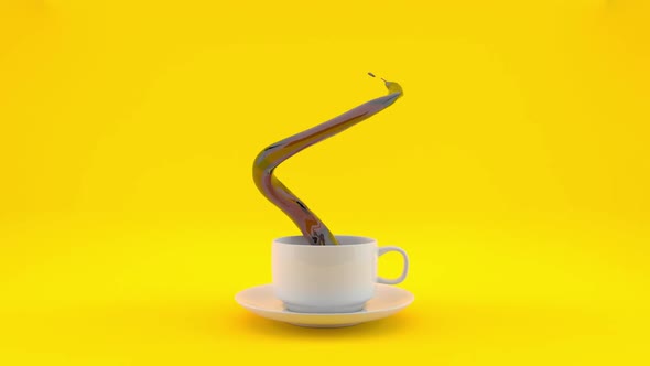 Coffee White Cup on a yellow background with a 3d liquid spiral,helix or swirl outgoing.