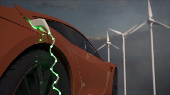 Generic electric orange car charging with wind turbines in background