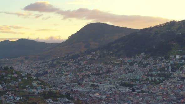 Quito City Sunset Travelling Aerial View. Ecuador alt