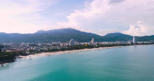 Aerial panoramic view landscape and cityscape view of Patong beach Phuket Thailand. alt