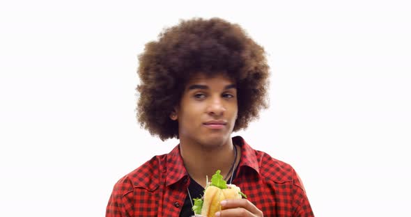 Beautiful Happy Fun Young Curly Black Hair Cool Adult Man Confident Smiling Eating Sandwich