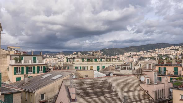 Aerial Panoramic View of European City Genoa Timelapse From Above of Old Historical Centre Quarter alt